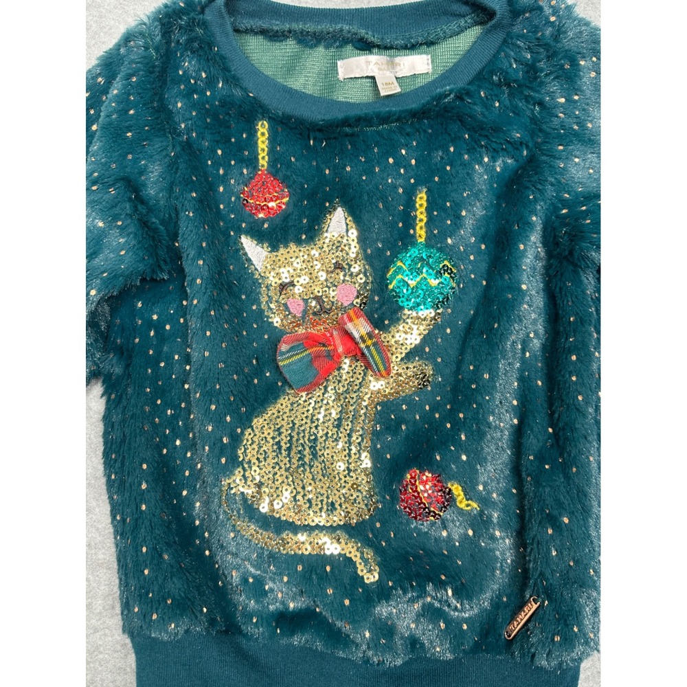 TAHARI Baby Girls 18M Teal Faux Fur Sequin Cat Christmas‎ Sweater.  SUPER SOFT
